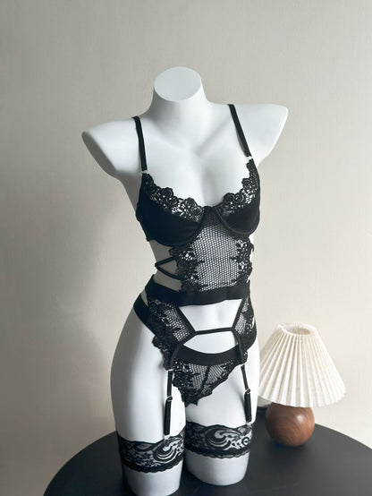 Purple Grape Lingerie Set Transparent Sexy Push-up Bra with Stockings