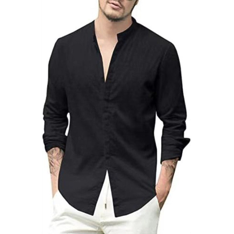 Men's Retro Standing Collar Cardigan, New Casual Long Sleeved Cotton Linen Solid Color Shirt, Men'S Shirt, Men'S Shirt