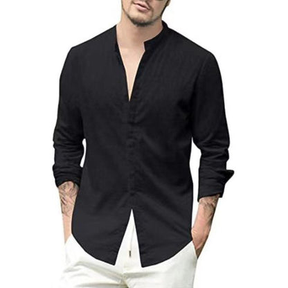 Men's Retro Standing Collar Cardigan, New Casual Long Sleeved Cotton Linen Solid Color Shirt, Men'S Shirt, Men'S Shirt