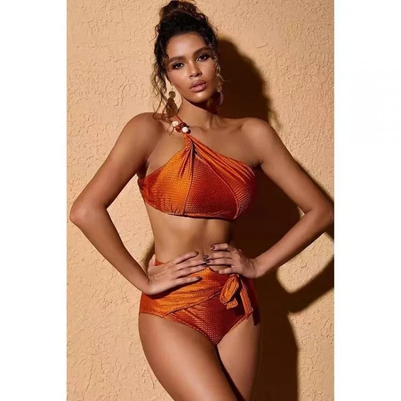 One Shoulder with Bead 3 Pieces Sets Bikinis+Skirt Women  Biqunis Beachwear Bathing Suit Solid Monokini Summer Swimming Suit