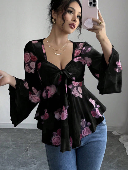 Sweet Floral Ombre Tie-Back Square Neck Long Sleeve Blouse