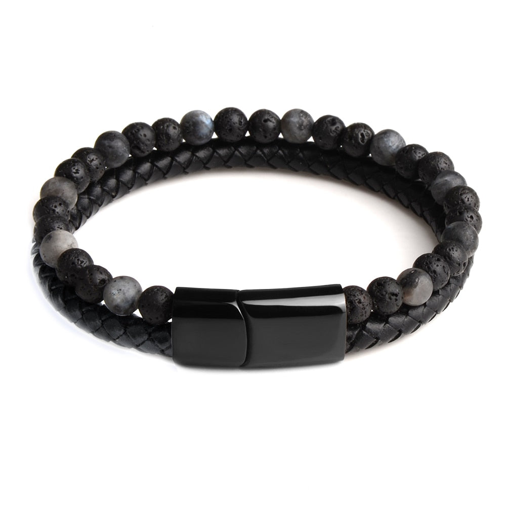 Natuursteen gevlochten armband van echt leer voor heren