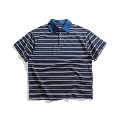 Polo Shirt Men's Trendy Loose Color-Blocked Turn-Down Collar Short Sleeve T-Shirt