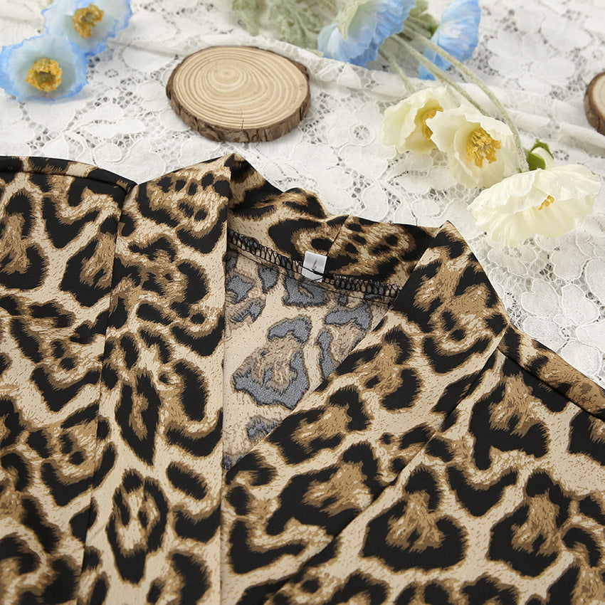 Summer Fashion Leopard Print 3-Piece Sleepwear Set, Lightweight Long Sleeve Crop Top amp Shorts, Stylish Women's Loungewear