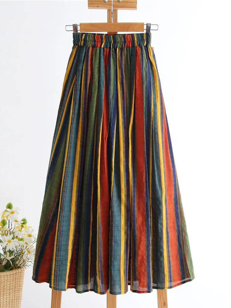 Qooth Spring Summer Women High-waisted Vertical Striped Skirts Women Chiffon Midi A-line Skirt With Big Swing