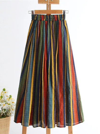 Qooth Spring Summer Women High-waisted Vertical Striped Skirts Women Chiffon Midi A-line Skirt With Big Swing