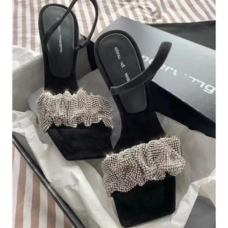 New Summer Fashion Design PU High Heels Women's Shoes Square Toe 7 Cm Non Slip Rhinestone Pumps Bling Women Sandals