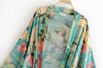 Green Vintage Retro Night Garde Print Boho Maxi Kimono Shirt Sleeve Cardigan Bohemian Long Wrap Blouse Summer Tops Beachwear