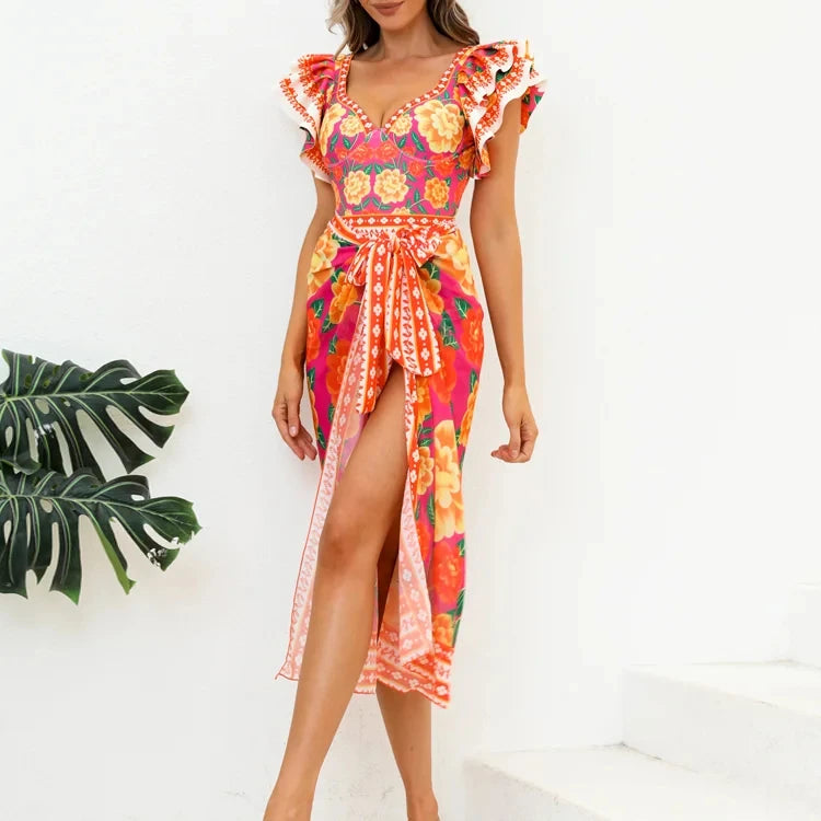 New Retro Flower Printed Ruffled One Piece Swimsuit and Skirt Summer Swimwear  Women  Beachwear Bathing Suit