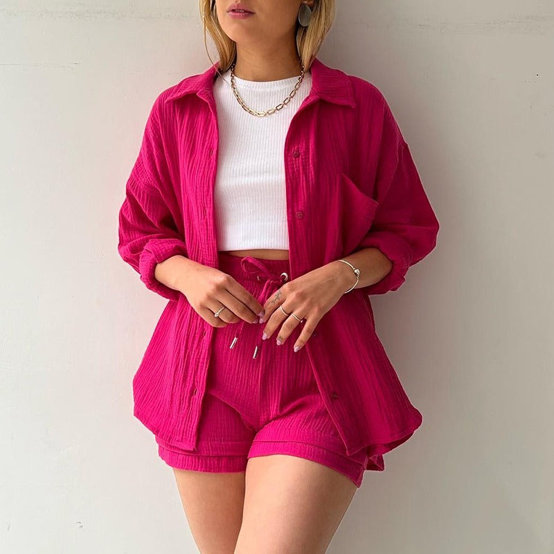 Women's wrinkled lapel long-sleeved shirt high-waisted drawstring shorts fashionable casual Casual two-piece set
