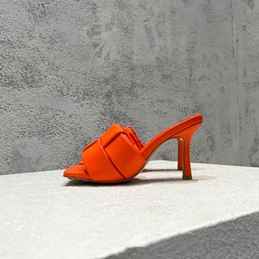 Dames slippers met hoge hakken van gesplitst leer in effen kleur