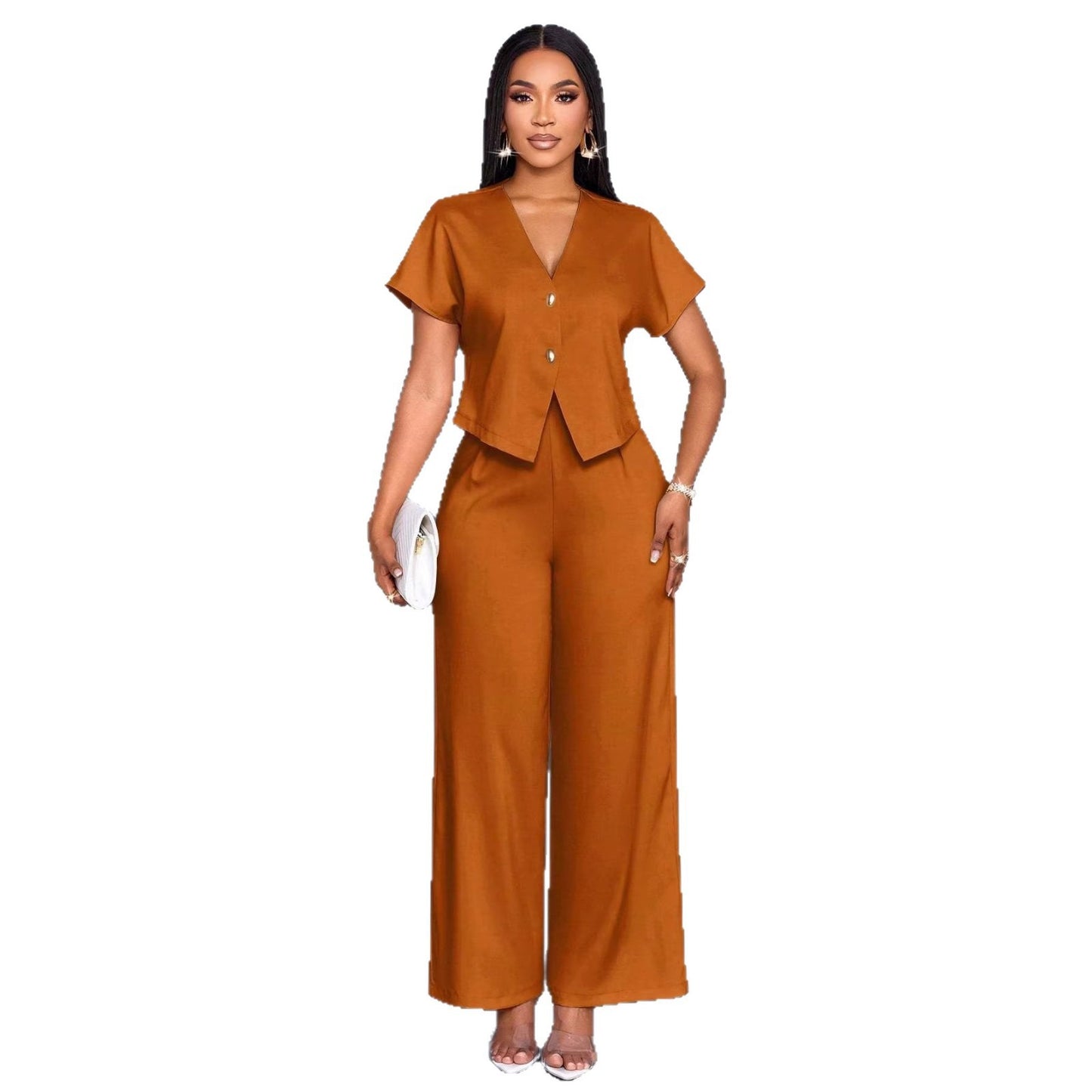 Summer Short Sleeve V-Neck Irregular Cardigan Straight Leg Wide Leg Pants Plus Size Casual Two-Piece Set