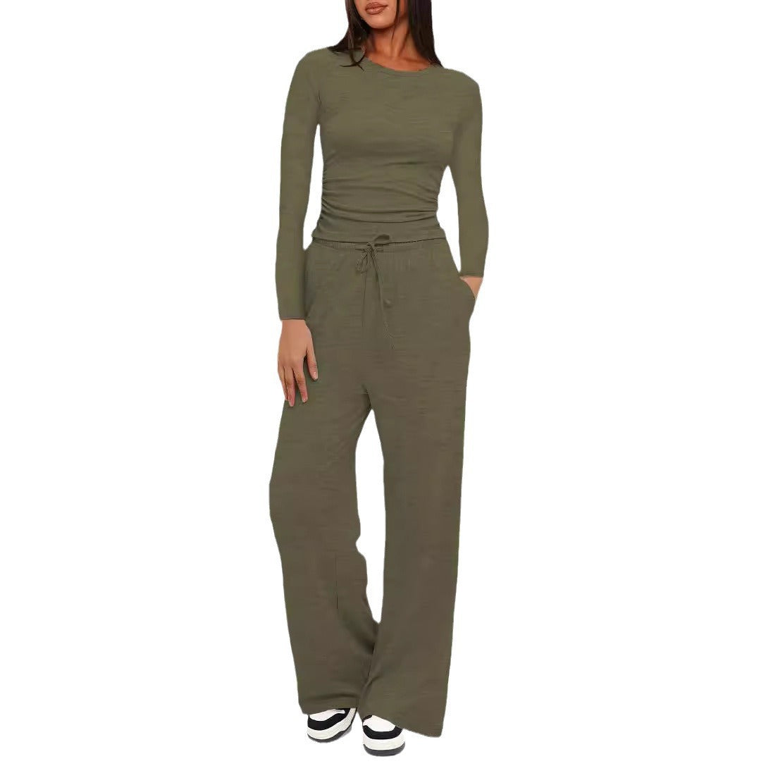 Casual Solid Color Long Sleeve Top & High-Waisted Wide Leg Pants Set Sportswear