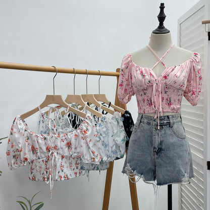 Hanging neck tie floral top