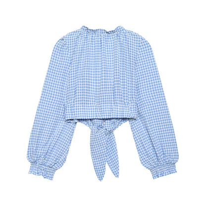 Pure Desire Style Square Neck Blue Grid Short Long Sleeve Top
