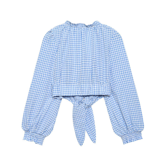 Pure Desire Style Square Neck Blue Grid Short Long Sleeve Top