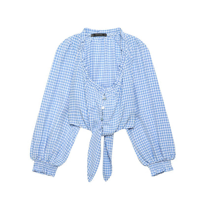 Pure Desire Style Square Neck Blue Grid Short Long Sleeve Top
