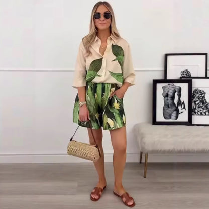 Women's Clothing Notched Collar Short Sleeve Satin Printed Shirt + Satin Printed Shorts Set