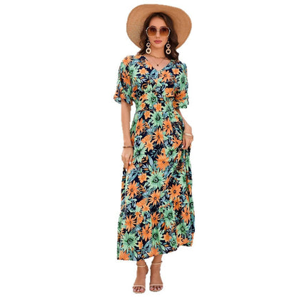 Real Cotton Printed Ruffle Batwing Sleeve V-Neck Waist-Cinched Flared Dress Bohemian Beach Vacation Skirt