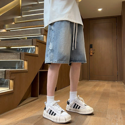 Oversized heren denim shorts met zakken en trekkoord