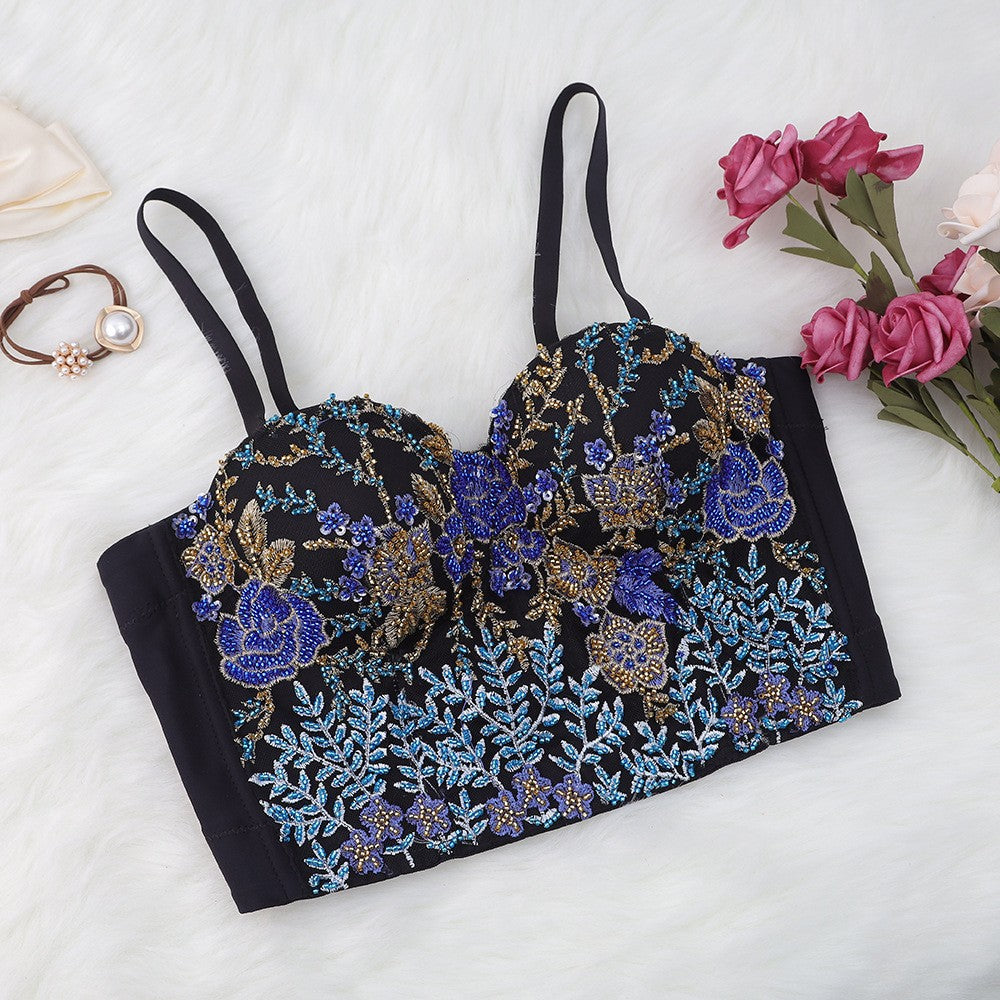 Sexy Spaghetti Strap Bustier with Color Block Embroidery and Boning for Women
