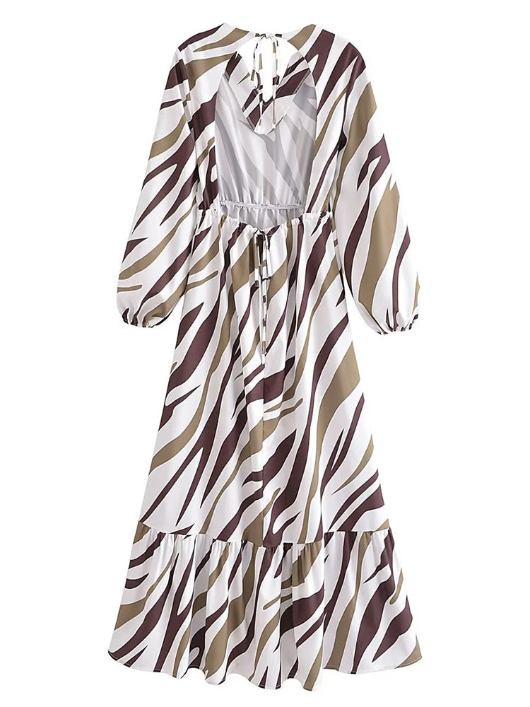 New Multicolor Line Waist Cutout Open Back Lace-Up Maxi Dress