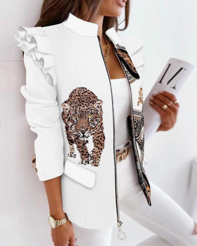 Flounce Sleeve Long Sleeve Zipper Printed Blazer Coat for Women
