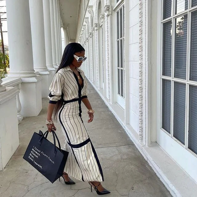 Women's New Fashion Shirt Dress Turn Down Collar Button Elegant Office Lady Long Sleeve Dresses Women Casual Striped Maxi Dress