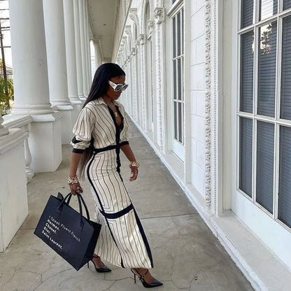 Women's New Fashion Shirt Dress Turn Down Collar Button Elegant Office Lady Long Sleeve Dresses Women Casual Striped Maxi Dress