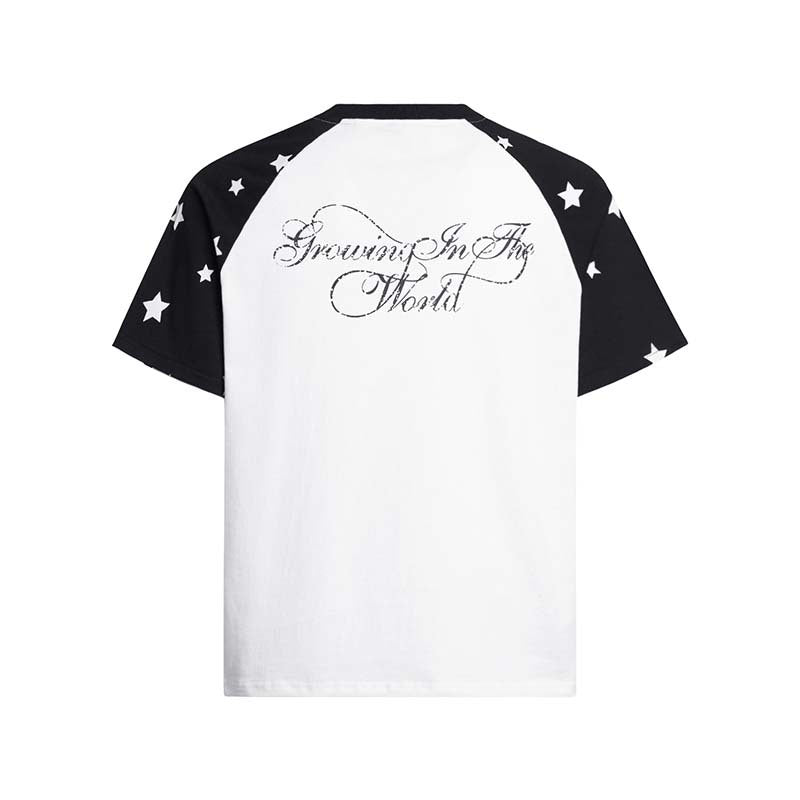Letter print color blocking splicing round neck short sleeved shirt