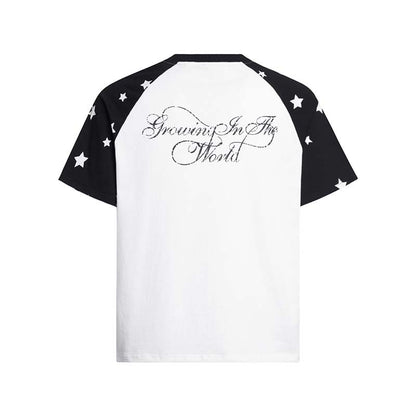 Letter print color blocking splicing round neck short sleeved shirt