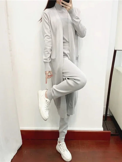 3 Piece Sets Womens Outifits Autumn Casual Solid Knit Suit Cardigan Vest Pants Sets Matching Sets Korean Fashion Womens Clothing
