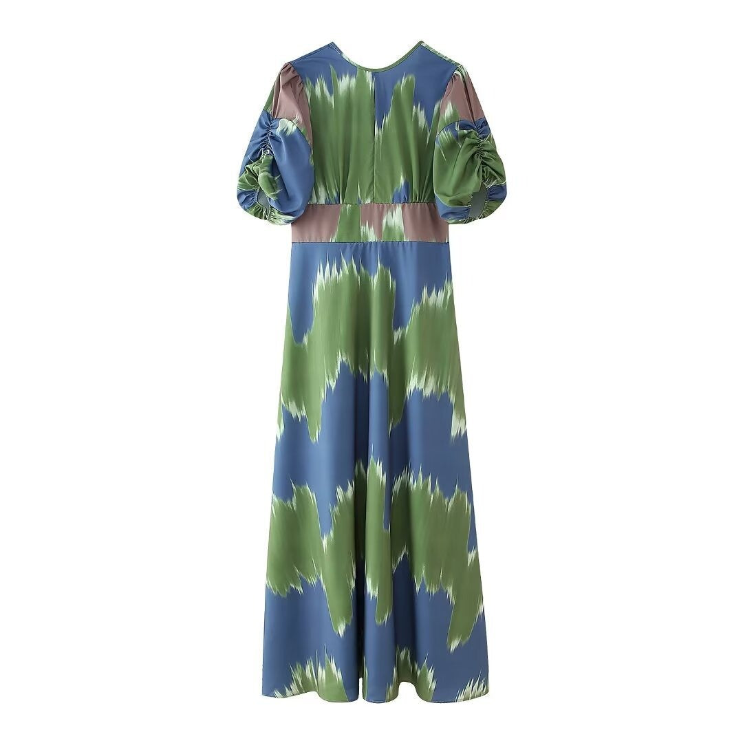 European and American summer new fashionable style round neck bubble sleeves backless waist cinched mid length dress