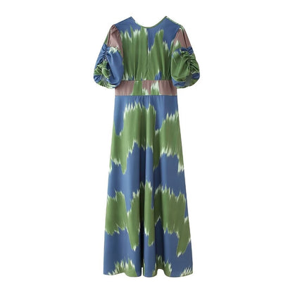 European and American summer new fashionable style round neck bubble sleeves backless waist cinched mid length dress