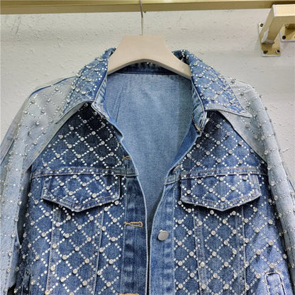 Women Hot Drilling Diamond Beads Retro Washed Denim Jacket Contrast Color Patchwork Rhinestone Jeans Coat Fake Two Piece Outwear