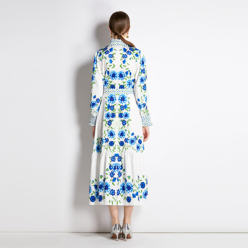 Dames retro overhemdjurk met bloemenprint ceintuur  en knopen