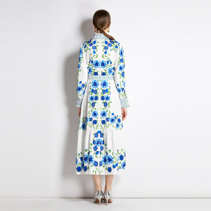 Dames retro overhemdjurk met bloemenprint ceintuur  en knopen