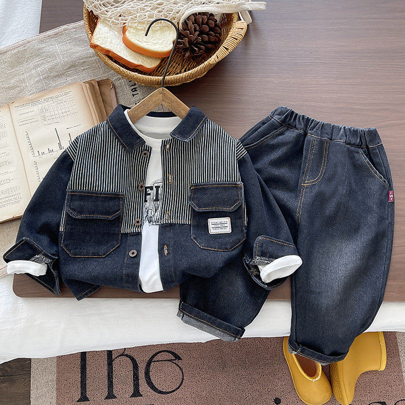 Baby autumn block denim long sleeved three piece set