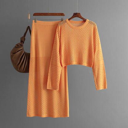 New summer women's hollow knitted sweater long skirt fashion two-piece dress set