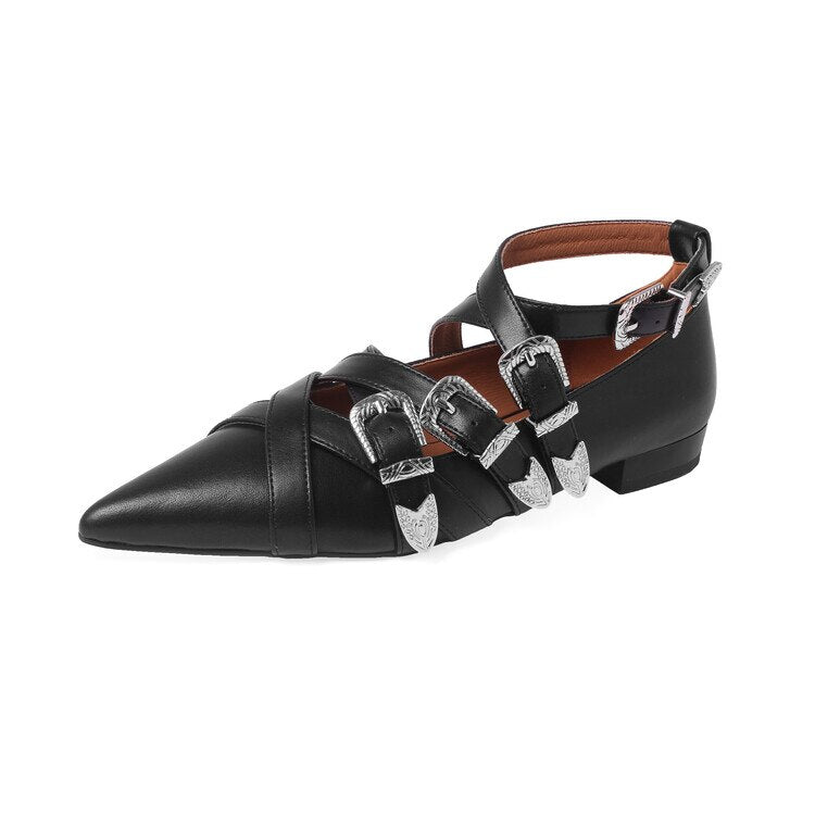 Punk Multi Metal Buckle Flat Shoes Women Real Genuine Leather Cross-band Pointed Toe Flats Ladies Casual Shoes Comfort
