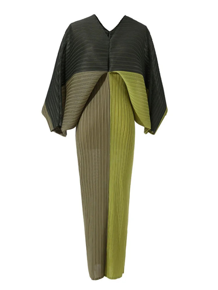Women Elegant Pleated Dress Batwing Sleeve V-neck Patchwork Straight Dresses  Summer Female Fashion Clothing