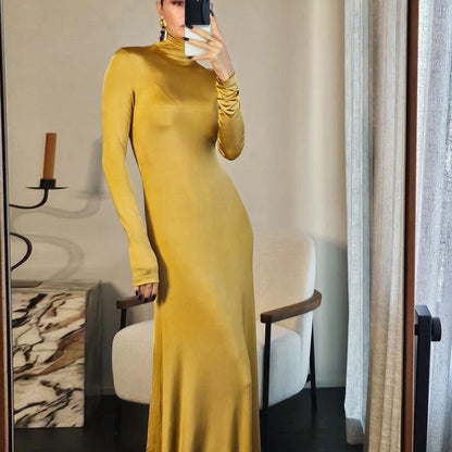 Dames figuurcorrigerend elegante maxi-jurk met col en lange mouwen