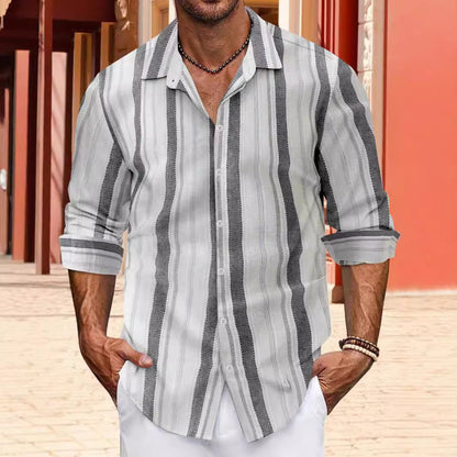 Color woven striped cotton linen button men's lapel long sleeved shirt