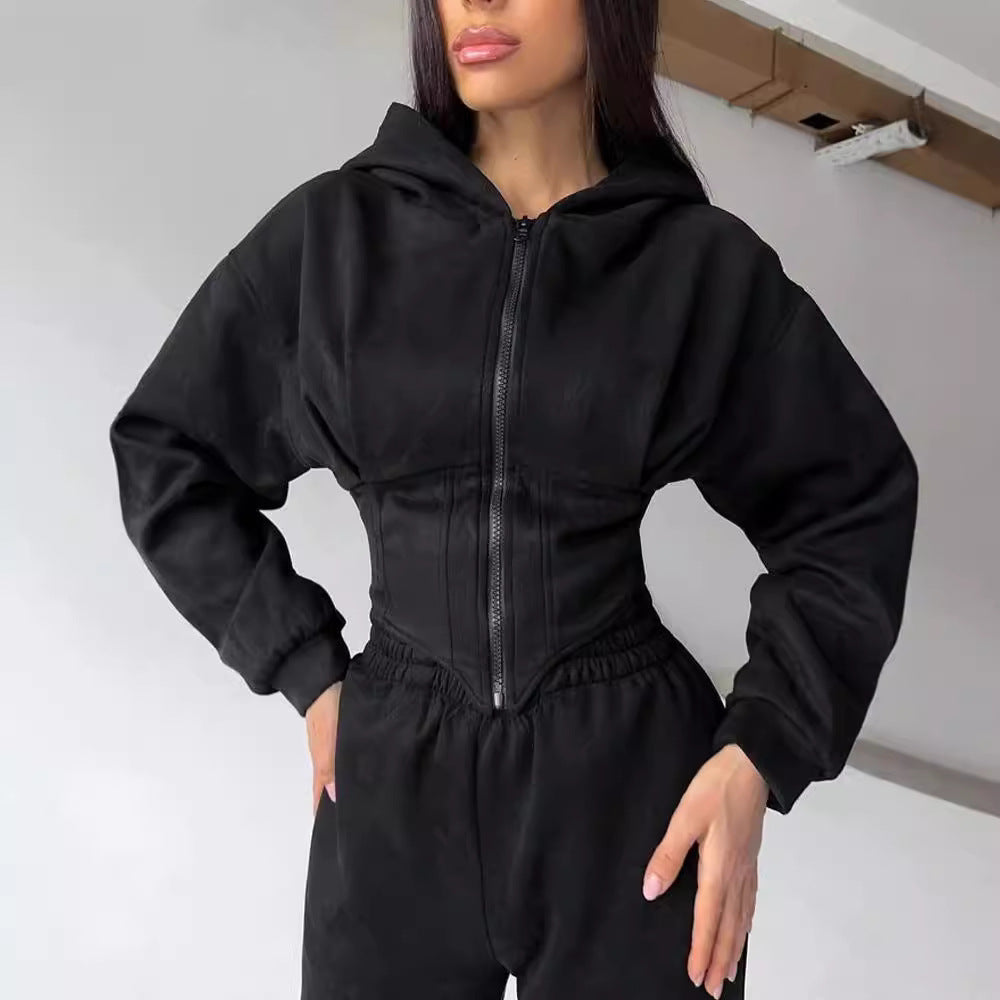 Women's Solid Color Waist Hoodie Pants Set