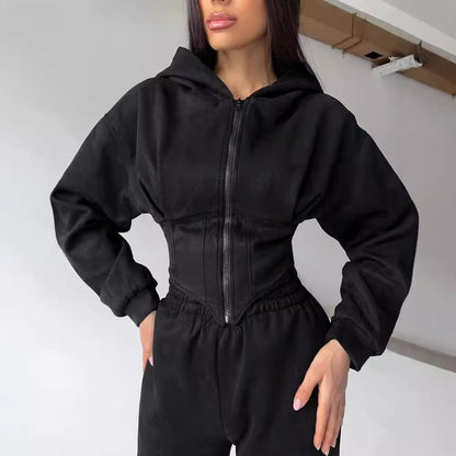 Women's Solid Color Waist Hoodie Pants Set
