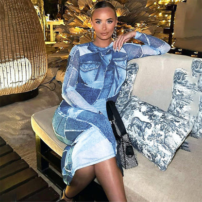 Summer Blue Denim Print Long Sleeve Maxi Dresses Vacation Outfits For Women  Streetwear O Neck Bodycon Long Dress