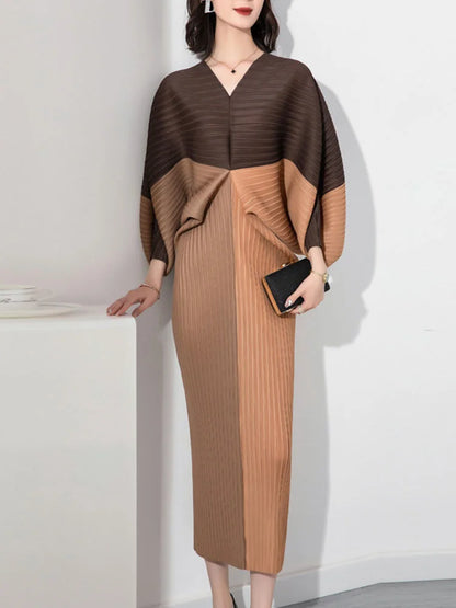 Women Elegant Pleated Dress Batwing Sleeve V-neck Patchwork Straight Dresses  Summer Female Fashion Clothing