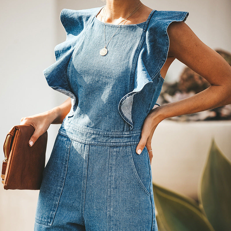 Jumpsuit met vetersluiting en ruches van denim