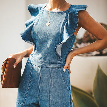 Jumpsuit met vetersluiting en ruches van denim