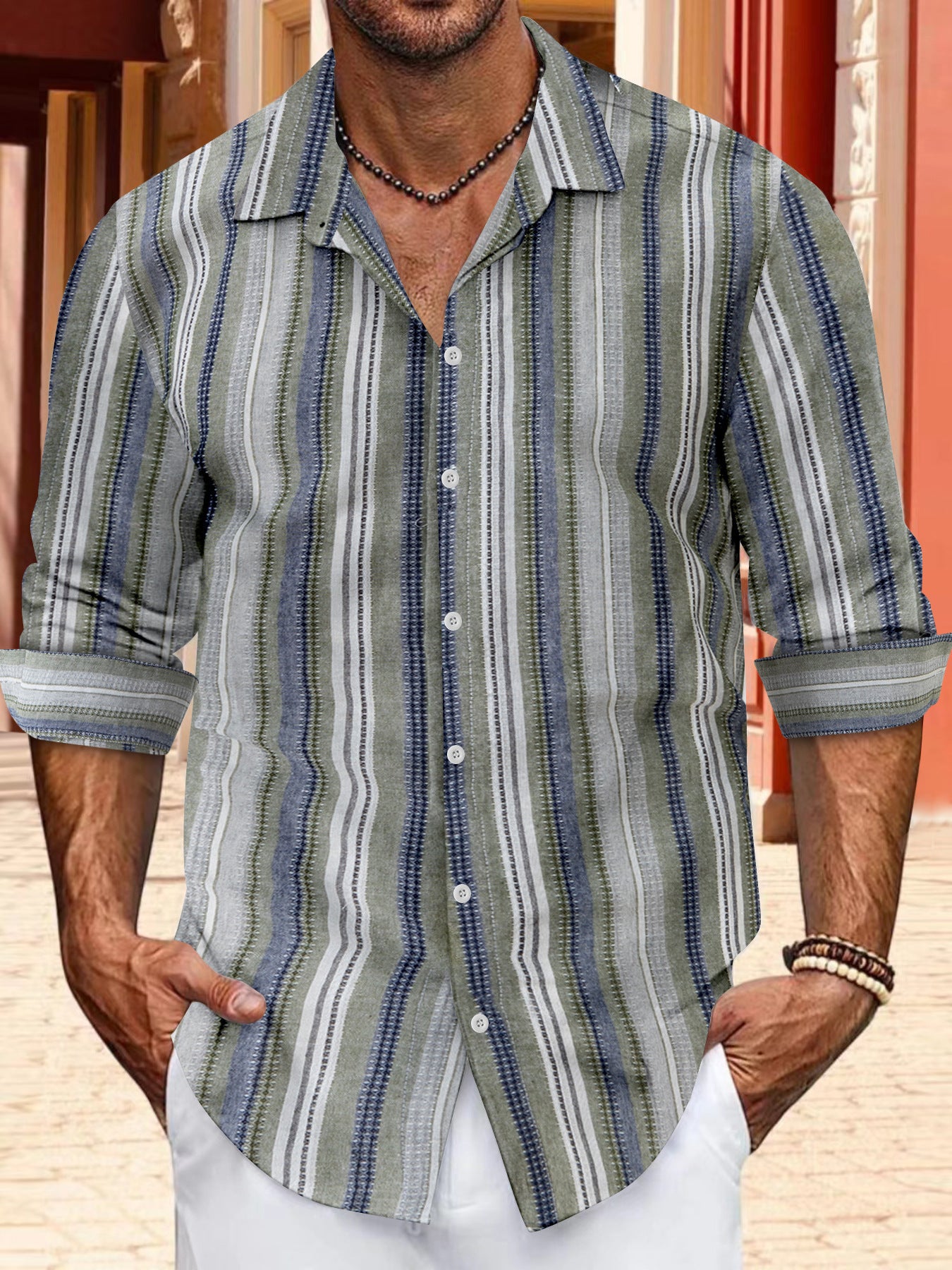 Cotton and linen single breasted men's lapel long sleeved shirt